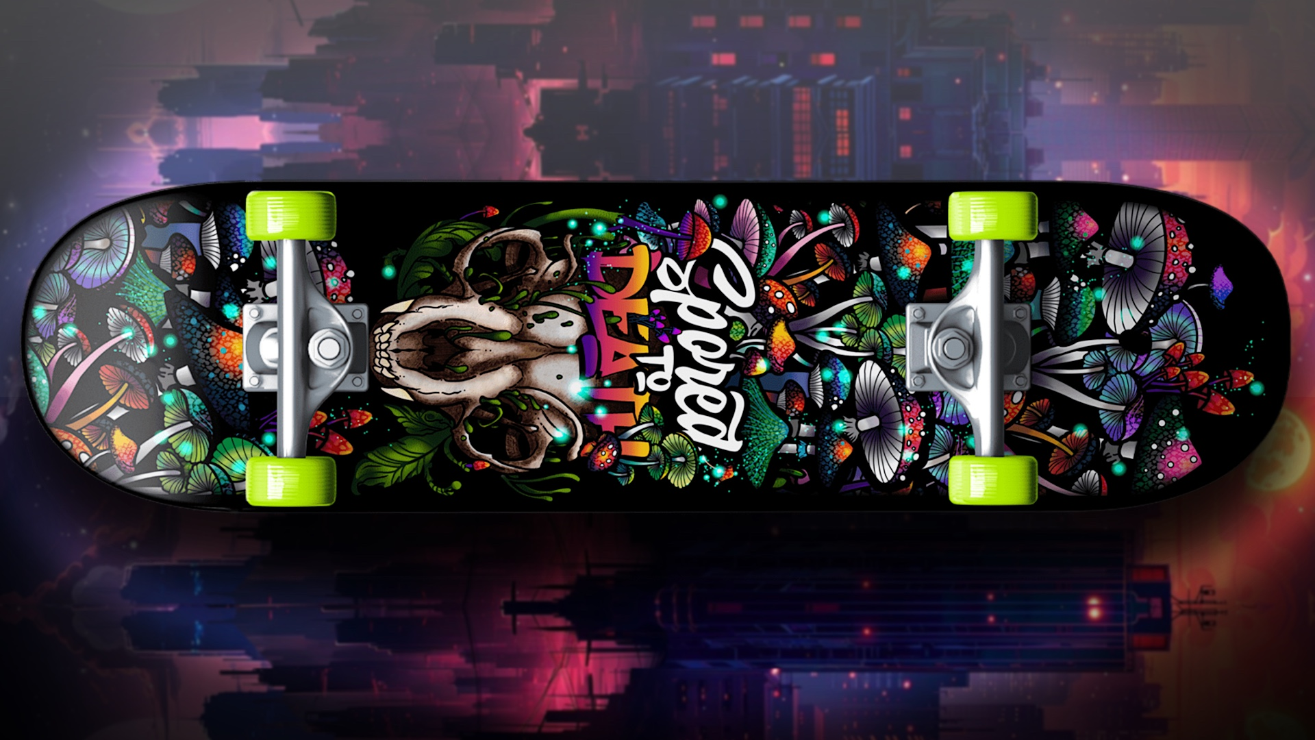 Mushroom skull skateboard wall art with Spored to Death vinyl wrap applied to skateboard deck