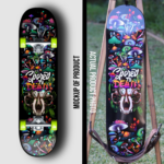Mushroom skull skateboard wall art with Spored to Death vinyl wrap applied to skateboard deck