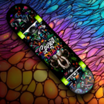 Mushroom skull skateboard wall art with Spored to Death vinyl wrap applied to skateboard deck