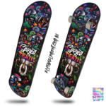 Mushroom skull skateboard wall art with Spored to Death vinyl wrap applied to skateboard deck