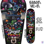 Mushroom skull skateboard wall art with Spored to Death vinyl wrap applied to skateboard deck
