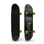 Mushroom skull skateboard wall art with Spored to Death vinyl wrap applied to skateboard deck